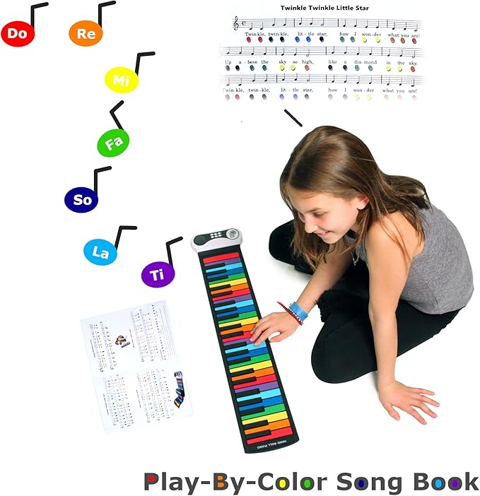 MUKIKIM Rock and Roll It - The Original Rainbow Piano. Roll Up Flexible Piano Keyboard for Kids / Beginners. Portable 49 Keys Silicone Pad. Play-by-Color Songbook Included!