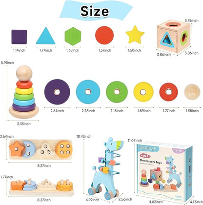 4-in-1 Wooden Montessori Toys for 1+ Year Old - Educational Sensory Toys for Toddlers Aged 1-3 - Baby Learning Toys for Boys and Girls, Christmas Birthday Gifts