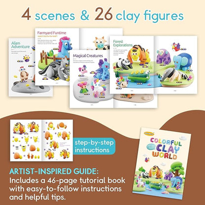 Air Dry Clay Kit for Kids - Comes with Instructional Guide Featuring 4 Scenes & 26 Projects Tutorials, 18 Cans of Modeling Clay, Includes Display Stand, Gift for Girls and Boys