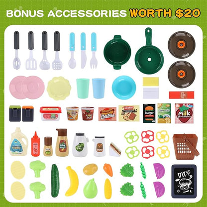 Kids Kitchen Playset, IRIMMY Kitchen Set for Toddler w/Realistic Cooking Light, Sounds, Steam, Sink, and Toy Kitchen Accessories, Pretend Kitchen Toys for Kids Girls Boys, Green
