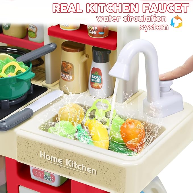 Kids Kitchen Playset: Realistic Lights & Sounds, Spray and Play Sink Simulated, Kitchen Cooking Accessories, Play Food, Ideal Gift Pretend Play Kitchen Set for Kids Girls Boys Ages 3 4 5 6+