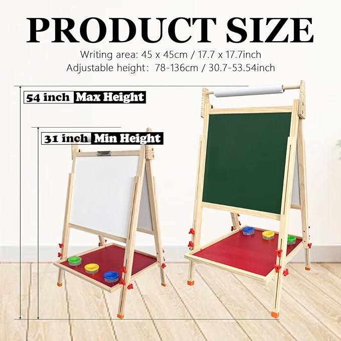 Double Sided Wooden Art Easel,Large Double Sided Wooden Easel White Board & Magnetic Drawing Board & Paper Roll,Double-Sided Magnetic Easel Standing Art Easel for Parties and Festivals
