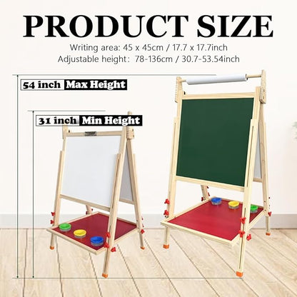 Double Sided Wooden Art Easel,Large Double Sided Wooden Easel White Board & Magnetic Drawing Board & Paper Roll,Double-Sided Magnetic Easel Standing Art Easel for Parties and Festivals