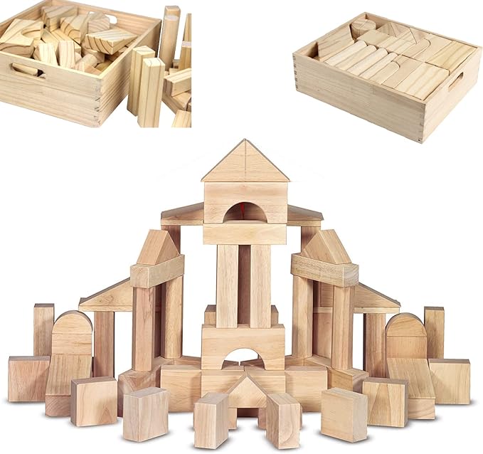 Standard Unit Building Blocks for Toddlers with Storage Tray (64 Pcs) Sanded Wood Blocks for Children, Original STEAM, and STEM Learning, Classic Wooden Toys for Kids Parties and Classrooms