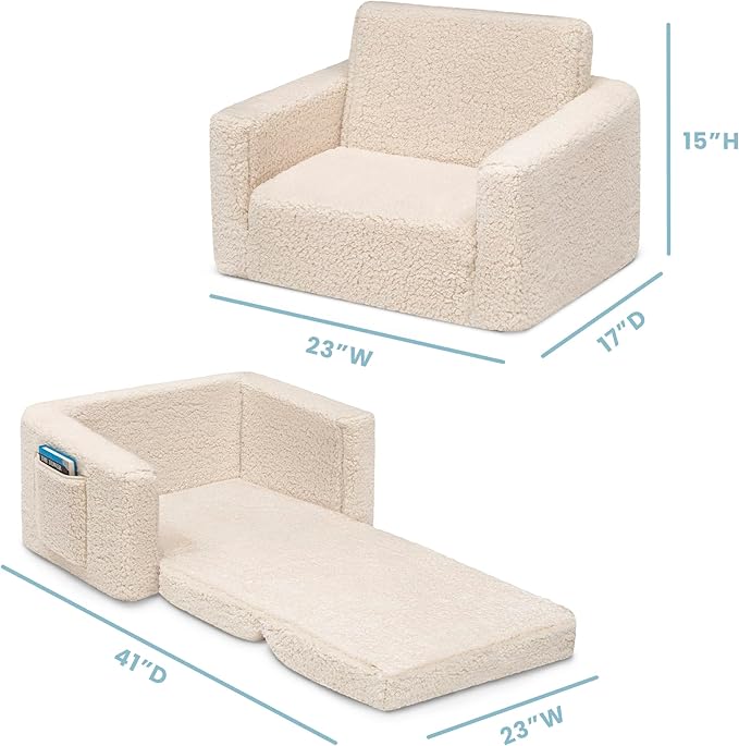 Delta Children Cozee Flip-Out Sherpa 2-in-1 Convertible Chair to Lounger for Kids, Cream
