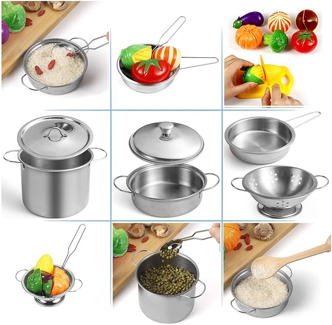 Play Kitchen Accessories, Kids Kitchen Pretend Play Toys, Kitchen Set with Stainless Steel Cooking Utensils Cookware Pots and Pans Set Healthy Vegetables, Knife, Apron, Little Chef Boys Girls