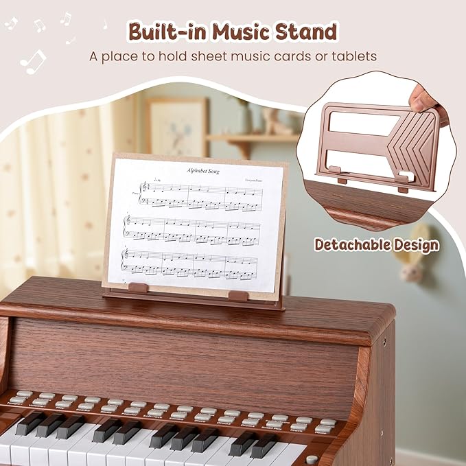HONEY JOY Wooden Kids Piano, 25 Lighted Keys Kids Keyboard Piano w/Music Stand, Bench, Early Learning Educational Musical Instrument, Baby Music Toy for 3+ Years Old Toddlers Boys Girls (Brown)