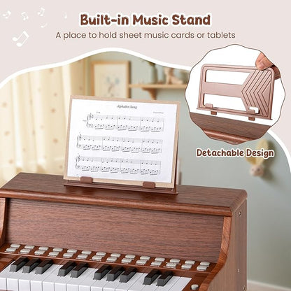 HONEY JOY Wooden Kids Piano, 25 Lighted Keys Kids Keyboard Piano w/Music Stand, Bench, Early Learning Educational Musical Instrument, Baby Music Toy for 3+ Years Old Toddlers Boys Girls (Brown)