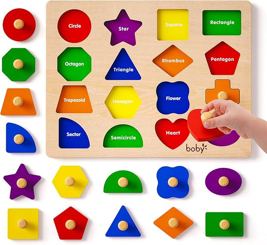 Boby Montessori Puzzles for Babies 8-12-18-24 Months, Wooden Jumbo Knob Peg Puzzle Shape Sorter for Toddlers 1-3 Year Old, Early Learning Sensorial Toys (Montessori Shapes Puzzle(16 Pieces))