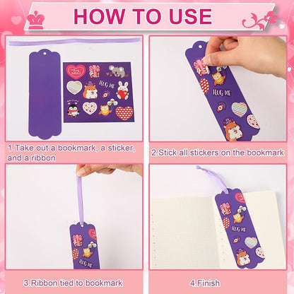 JUNEBRUSHS 30 Pack Valentines Crafts for Kids, Valentine's Day Bookmarks Craft Kits with Assorted Hearts Animal Stickers for Kids Classroom Game Activities Valentines Day Gift Exchange