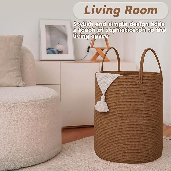 JMvicyroam Large Woven Laundry Basket Hamper,100L Cotton Rope Storage Bin for Blankets,Toys and Clothes,Decorative Tall Nursery Hamper for Living Room,Baby Nursery,Bathroom and Bedroom,Golden Jute