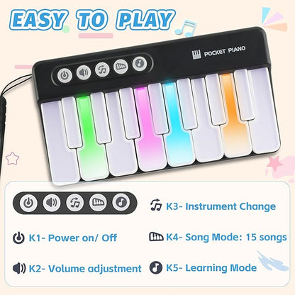 Mini Keyboard Piano Toy, Portable Light Up Pocket Piano for Toddlers Kids (Black)