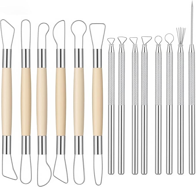 14 Pcs Pottery Trimming Tools Set, Clay Carving Tools with Aluminum Wood Stainless Steel for Carving Modeling Sculpting