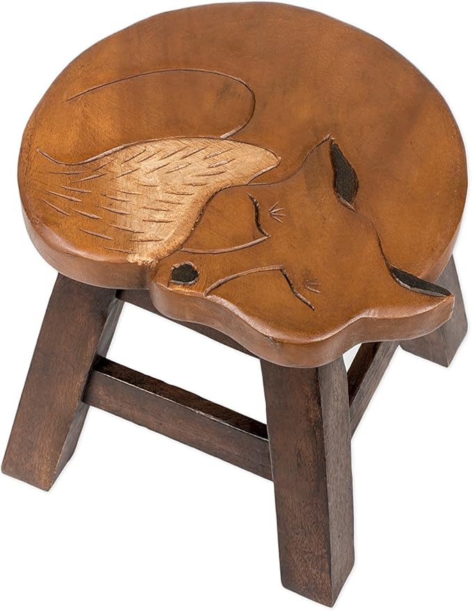 Fox Hand-Carved Acacia Hardwood 11 inch Decorative Animal Foot Rest Step Stool