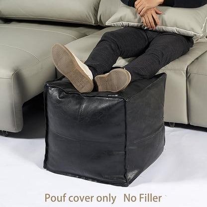 Louis Donné 17.7" Black Square Unstuffed Pouf Ottoman Cover Footstool Handmade Faux Leather Pouffe for Reading Storage Toy Square Ottoman for Living Room Balcony Office Outdoor Floor Chair Only Cover