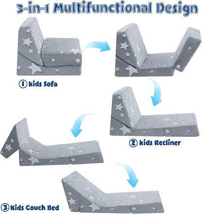 MeMoreCool Toddler Couch Fold Out Sofa Bed, Kids Lounge Chair Foldable Floor Lounger, 3-in-1 Folding Children Chair Bed, Pull Out Recliner for Toddlers 1-6, Star