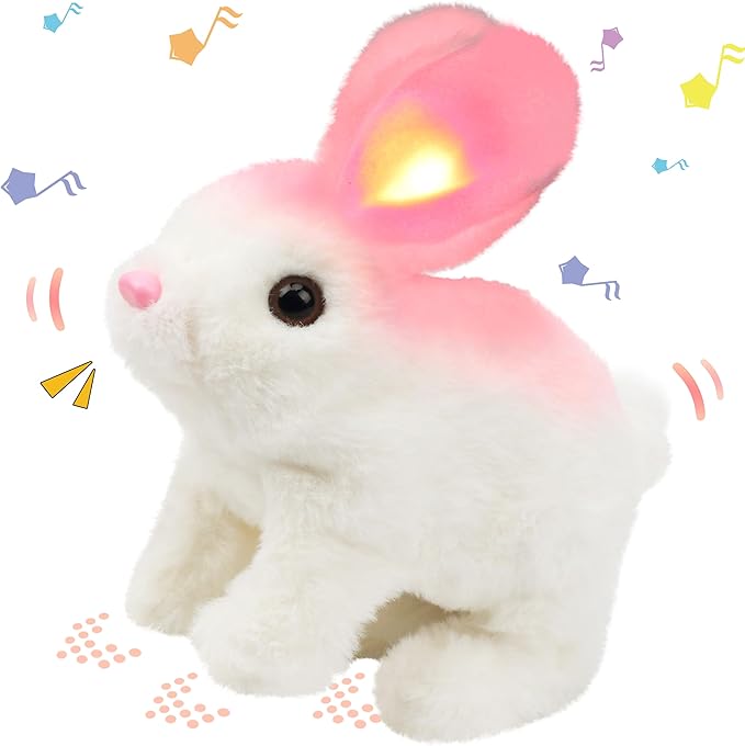 Hopearl Hopping Rabbit with LED Ears Interactive Electronic Pet Plush Bunny Toy with Sounds and Movements Animated Walking Wiggle Light up Ears Twitch Nose Gift for Toddlers Birthday, White, 7''