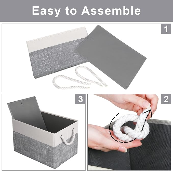 Fab totes Storage Bins [8-Pack], Foldable Storage Baskets for Organizing Toys, Books, Shelves, Closet, Large Storage Box with Rope Handles, Sturdy Organizer Bins, White & Grey