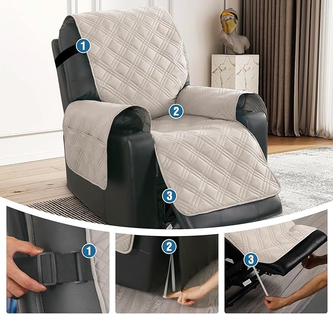 H.VERSAILTEX 100% Waterproof Recliner Chair Cover Reclining Couch Covers for Electric Power Lift Recliner Furniture Protector with Elastic Straps for Kids,French Oak/Beige