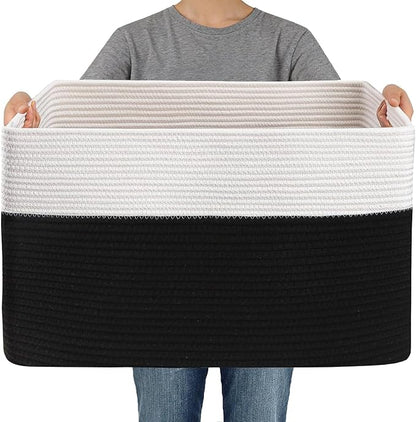 JMvicyroam Woven Blanket Basket,96L Large Storage Bin for Blankets Toys Clothes,Decorative Rope Basket for Living Room Bedroom with Handles, White&Black
