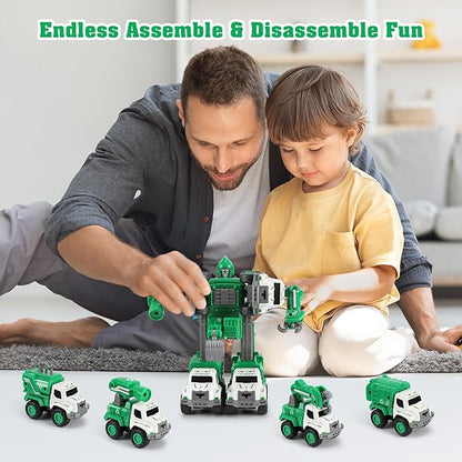 Toys for 3 4 5 6 Year Old Boys– 5-in-1 Detachable Construction Vehicles Set–Transform Robot Kids Toys Cars– Easy DIY Toys for Ages 5+ – Gifts for Boys Girls Birthday Christmas Easter