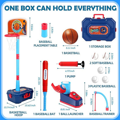 4 in 1 Kids Basketball Hoop and Tball Set for Toddlers 3+, Adjustable Basketball Stand, Hanging Tee Baseball Toy Set, Portable Indoor Outdoor Sports Toys, Birthday for Boys Ages 3-8