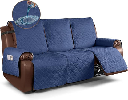 KinCam Waterproof Recliner Sofa Cover, Non-Slip Reclining Couch Covers for 3 Seat, Recliner Couch Cover Furniture Protector with Elastic Straps for Pets, Kids, Blue