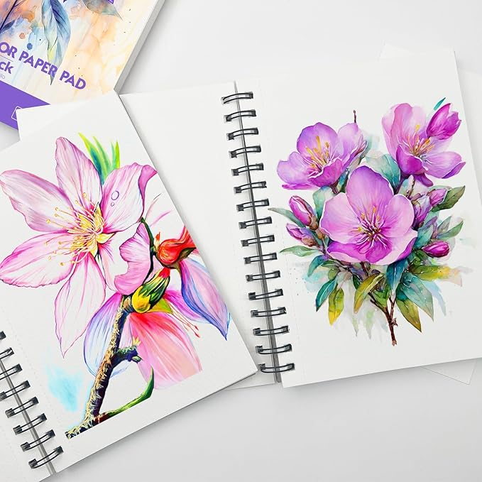 KOVIEDE 100% Cotton Watercolor Paper Pad 30 Sheets, Cold Press 140lb/300gsm Spiral Bound Watercolor Sketchbook, Artist Quality Art Journal Supplies (Floral-Pink, 5.5“x8.5)