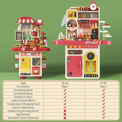 Deejoy 89 PCS Kitchen Playset, Kids Kitchen Toys with Realistic Lights and Sounds, Pretend Steam and Water Tank Functions, Kitchen Color Changing Play Food Accessories for Boys and Girls (Green)