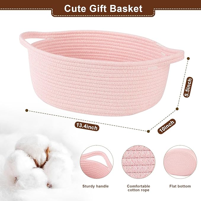 OIAHOMY Gift Basket with Handle, 13.4"x 10"x 5.5" Woven Basket with Gift Bag, Ribbon and Wrap Tissue Paper, Nursery Bins Empty to Fill with Towels, Baby, Pet Toy Organizer - Pink