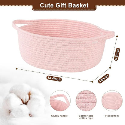 OIAHOMY Gift Basket with Handle, 13.4"x 10"x 5.5" Woven Basket with Gift Bag, Ribbon and Wrap Tissue Paper, Nursery Bins Empty to Fill with Towels, Baby, Pet Toy Organizer - Pink