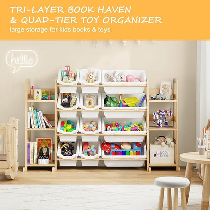 EXPERLAM Extra Large Toy Storage - Toy Storage Organizer, Wooden Toy Organizer with 6 Side Shelves and 12 Bins, 3-in-1 Bookshelf for Kids Rooms, Playroom, Nursery, White