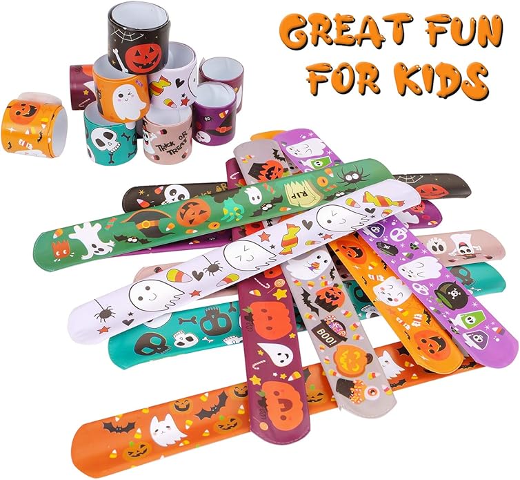 CCINEE 48pcs Halloween Slap Bracelets Assorted Bulk Pumpkin Zombie Witches Snap Bracelet Wristbands for Kids Halloween Party Gift Bag Filler Supply…