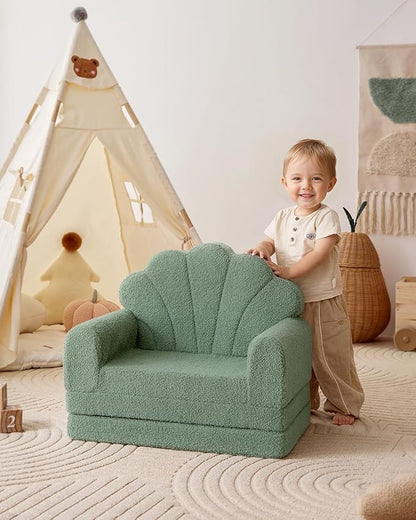 Blissful Diary Kids Couch, 2-in-1 Soft Toddler Couch Fold Out, Toddler Chair Comfy, Convertible Sofa to Lounger with Cute Shell Designs, Green