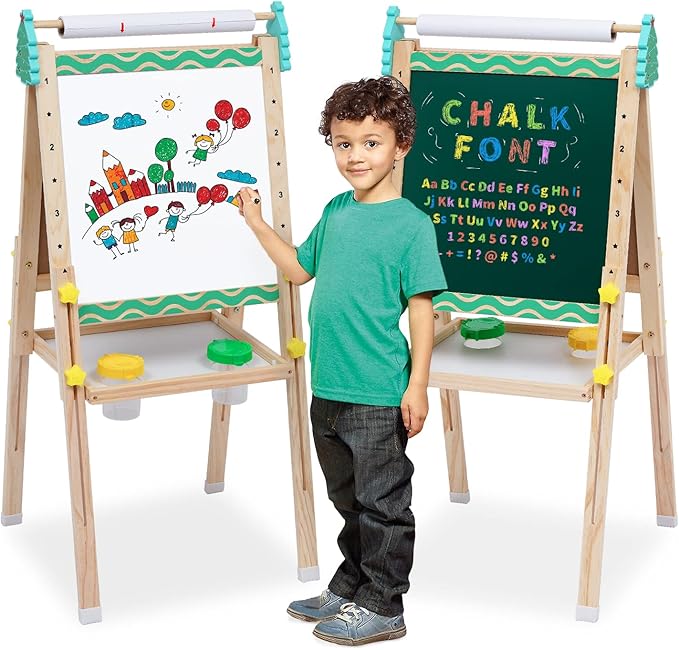 Kids Easel with Paper Roll Wooden Art Easel with Chalkboard & White Board Painting Accessories Storage Tray Double-Sided Board Height Adjustable