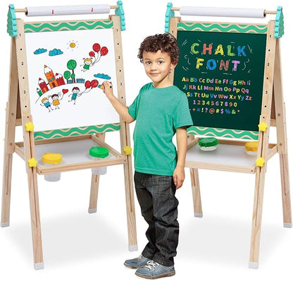 Kids Easel with Paper Roll Wooden Art Easel with Chalkboard & White Board Painting Accessories Storage Tray Double-Sided Board Height Adjustable
