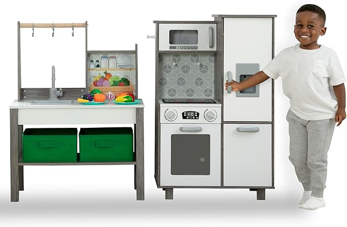 Delta Children Gourmet All-in-One Corner Play Kitchen - Toy Kitchen Playset with Safe & Heatless Stove with Lights, Oven, Sink, Fridge/Freezer with Ice Maker and 20 Accessories, Natural/White