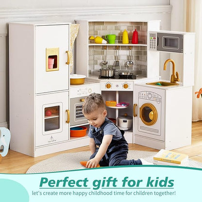 Kids Corner Play Kitchen Set, Wooden Pretend Play Kitchen with Metal Utensils Accessories, Fridge, Sink, Burner, Laundry Playset, Microwave Oven, Cake Turntable, Gifts for Ages 3-8