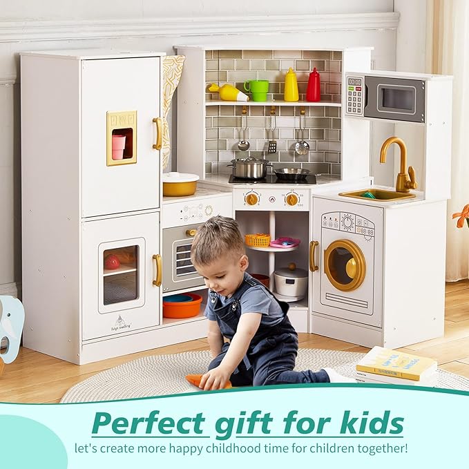 Kids Corner Play Kitchen Set, Wooden Pretend Play Kitchen with Metal Utensils Accessories, Fridge, Sink, Burner, Laundry Playset, Microwave Oven, Cake Turntable, Gifts for Ages 3-8