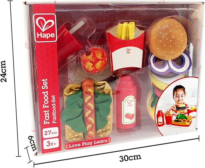 Hape Fast Food Set |Wooden Diner Fast Food Toy Set, Classic American Meal for Pretend Play Includes Burger, French Fries, Hotdogs & Cola