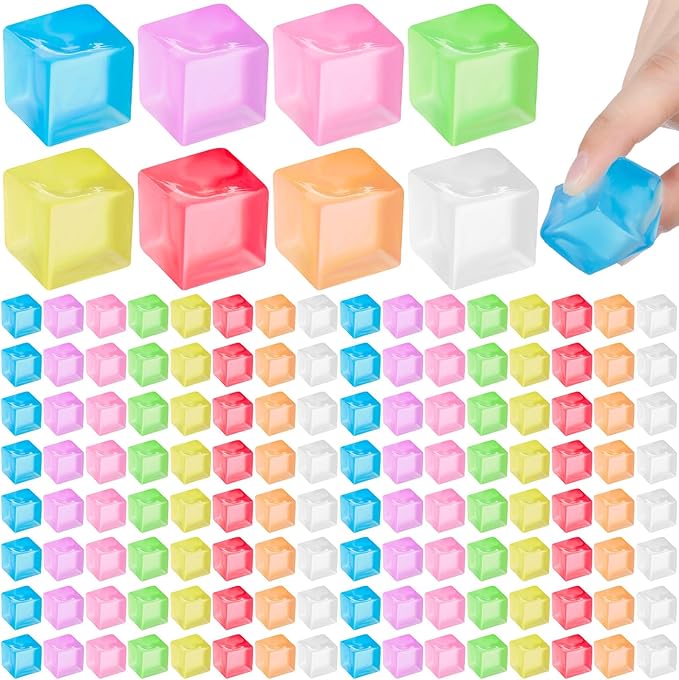 Simgoing 96 Pcs Mini Ice Cube Stress Balls Bulk Fidget Squeeze Square Ball Stress Relief Sensory Playthings Ice Cube for Adults Birthday Valentines Gifts Party Favor Prize Bags Box Filling, 8 Colors