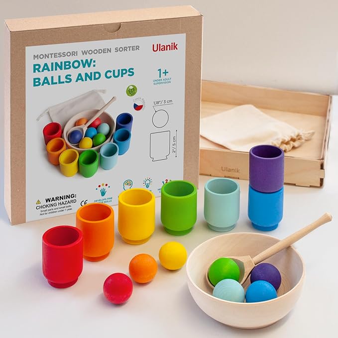 Ulanik Rainbow Balls in Cups Toddler Montessori Toys for 1+ Year Old Kids Wooden Matching Game for Learning Color Sorting and Counting — 7 Balls, 1.18 in