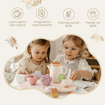Tea Party Set for Little Girls, Silicone & Wooden Tea Set for Toddler with Silicone Teapot Cups Carrying Tray Scoop, Pretend Play Accessories Kids Kitchen Wooden Toys for 3 4 5 6 Year Old (Pink)