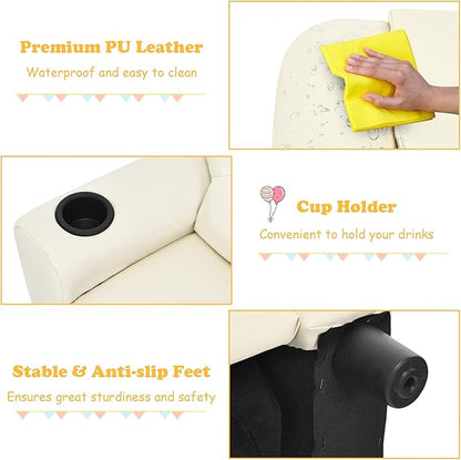 ARLIME Kids Recliner chair, toddler Armchair Upholstered Couch with Cup Holder, Backrest, baby Leather sofa with Headrest and Footrest, Child Furniture for Ages 2-7 (Beige)