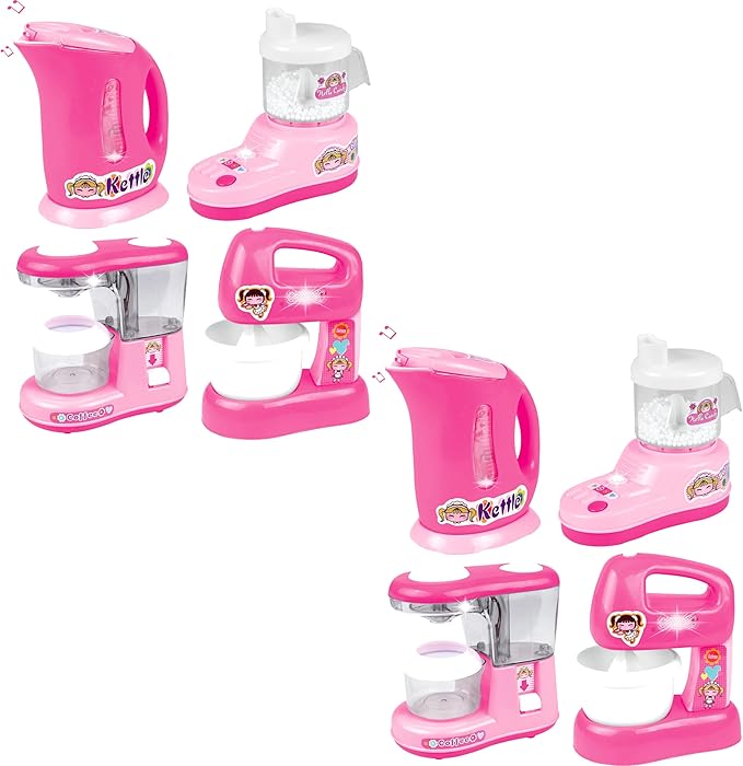 PowerTRC 2 Sets of Kitchen Appliance Playset with Light & Sound | Kettle, Coffee Maker, Mixer, Kitchen Accessories Toy for Kids