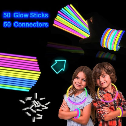 Glow Sticks Party Pack 8"-50,Light up Bracelets & Necklaces Accessories for Kids, Valentines Day Neon Glow in the Dark Party Favor Supplies Decorations for Birthday, Camping, Wedding, Dance Activities