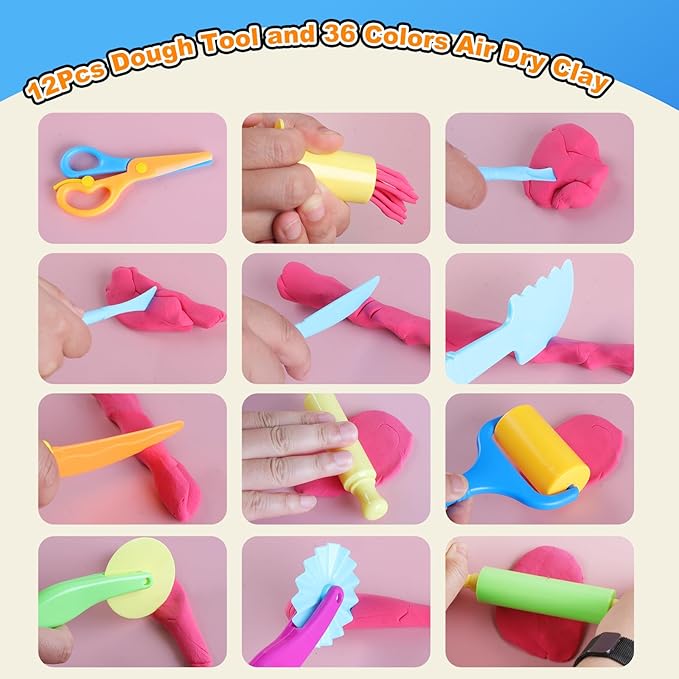 Air Dry Clay 48Pcs - 36 Colors Modeling Clays Kit with 12Pcs Dough Tools, Dough Accessories Includes Basic Dough Tools and DIY Molding Magic Clay for Boys,Girls,Kids Ages 4-8