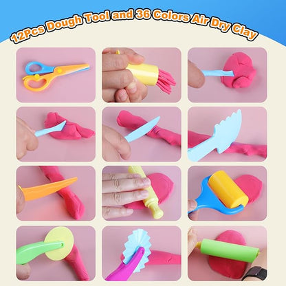 Air Dry Clay 48Pcs - 36 Colors Modeling Clays Kit with 12Pcs Dough Tools, Dough Accessories Includes Basic Dough Tools and DIY Molding Magic Clay for Boys,Girls,Kids Ages 4-8