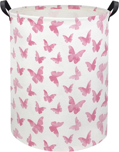 Butterfly Pink Laundry Hamper Girls Laundry Hamper Baby Laundry Basket Cute Toy Storage Bin Kids Hamper Butterfly Room Decor(Pink Butterfly)