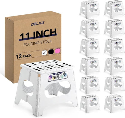 Delxo Folding Step Stool,11 Inch Foldable Step Stools for Kids & Adults,Portable Collapsible Step Stool with Handle, Lightweight Plastic Folding Stool for Kitchen Bathroom,Bedroom (White 12 Packs)